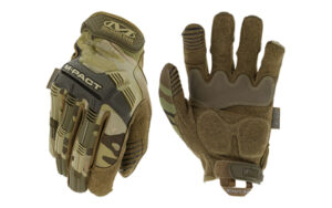 Tactical gloves with camouflage pattern and padding.