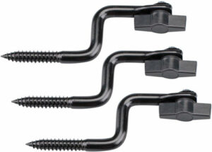 Three black metal gate hinge screws