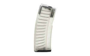 Transparent rifle magazine on white background.