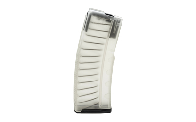 Transparent rifle magazine on white background.