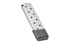 Metal gun magazine with holes, black baseplate.