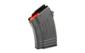 Metal firearm magazine with orange follower, isolated