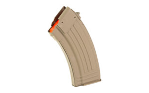 Beige rifle magazine on white background.