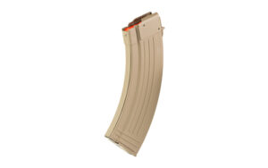 Rifle magazine with curved design, tan color.
