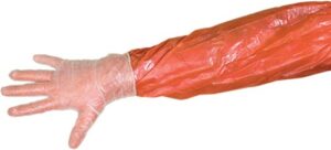 Arm wearing red protective long sleeve glove.