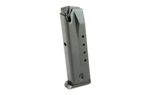 Black firearm magazine clip on white background