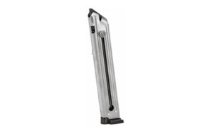 Stainless steel pistol magazine, vertical view.