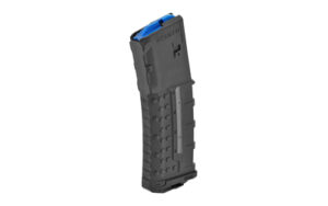 Rifle magazine with blue follower on white background.