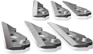 Six replacement utility knife blades, metal finish.