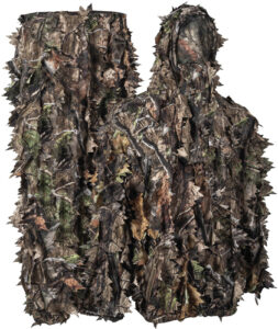 Leafy camo suit for hunting and outdoor activities.