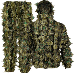 Camouflage suit with leafy texture for outdoor concealment.
