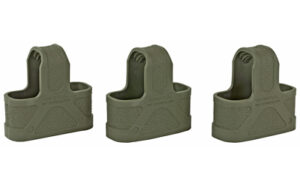 Three green magazine grips for firearms.