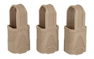Three tan polymer AR-15 magazine grips