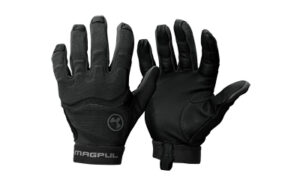 Black tactical gloves, front and back view