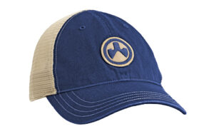 Blue and beige baseball cap with logo