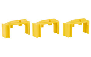 Three yellow plastic stand supports in a row