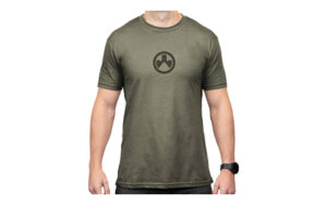 Man wearing olive t-shirt with black logo.
