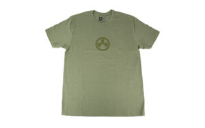 Olive green t-shirt with logo, short sleeves.