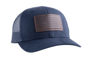 Blue cap with American flag patch.