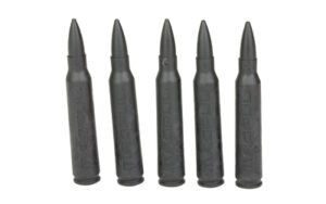 Five black dummy bullets in a row.