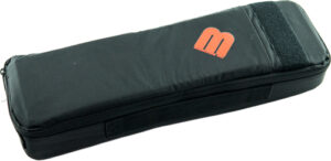 Black protective case with orange logo and zipper.