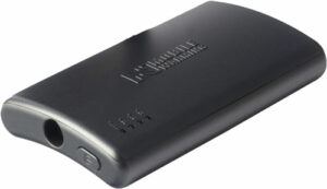 Black external hard drive with logo