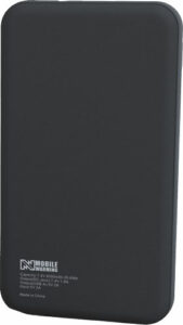 Black portable power bank with specifications label.