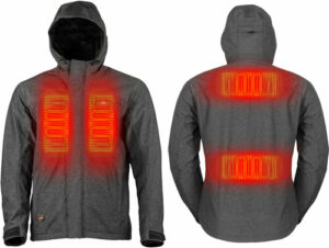 Heated jacket with highlighted warming panels front and back.