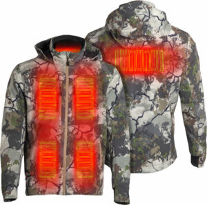 Camouflage heated jacket with visible heating elements.