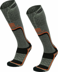 Gray and black athletic socks with orange accents.