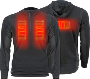 Heated jacket with visible warming elements front and back.