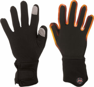 Black heated gloves with touchscreen fingers.