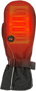 Heated orange winter mitten with adjustable strap.
