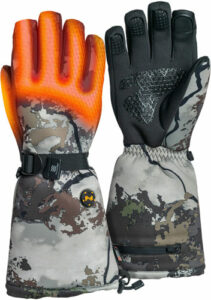 Heated camouflage gloves with adjustable strap.