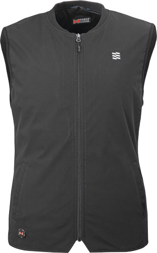 Black heated vest with zipper and logo design.