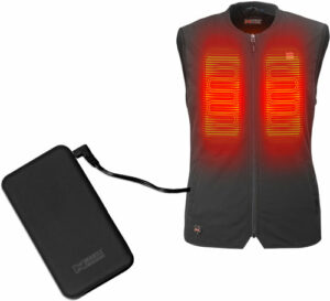 Heated vest with battery pack for warmth.