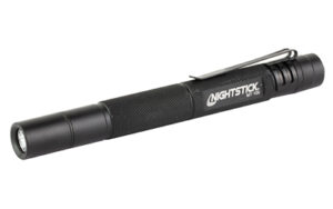 Black tactical flashlight with clip on side.