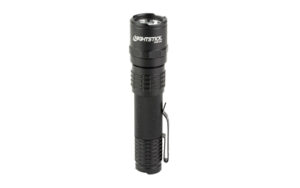 Black tactical flashlight with clip attachment.