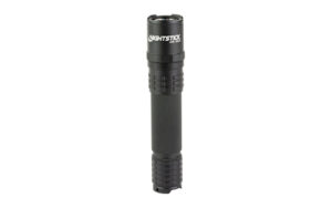 Black tactical flashlight with textured grip