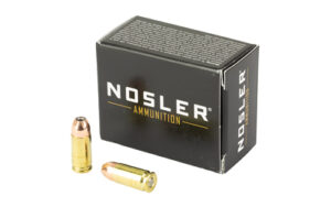 Nosler ammunition box with two bullets displayed.