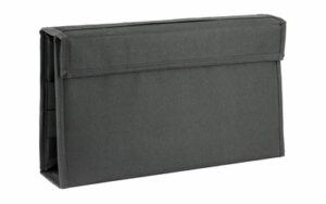 Black fabric storage case with flap closure