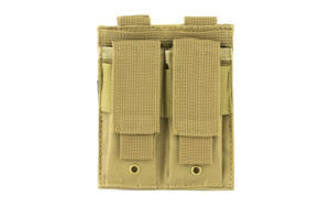 Tactical beige double magazine pouch, front view.