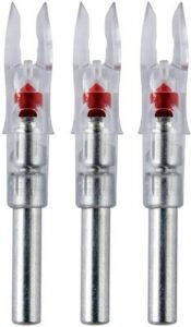 Three clear and red arrow nocks on metal pins.
