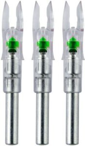 Three transparent lighted arrow nocks in a row.