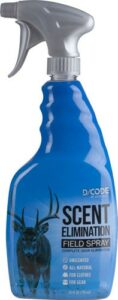 Scent elimination field spray bottle, blue design.