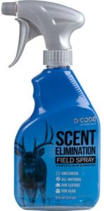 Scent elimination field spray bottle, unscented, for gear.
