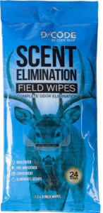Scent elimination field wipes packaging with deer image.