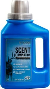 Scent elimination laundry detergent, blue bottle.