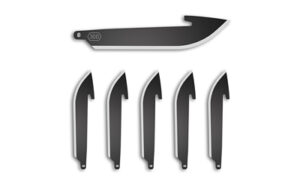 Set of five black knife blades on display.