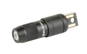 Compact black LED flashlight with textured grip.